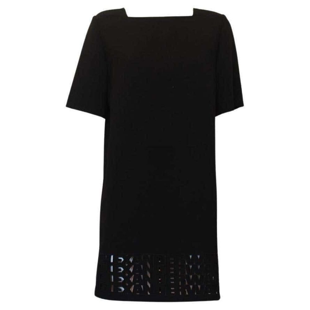 Alexander Wang Black Shift Dress Sz 10 Laser Cut Logo Hem Square Neck Short